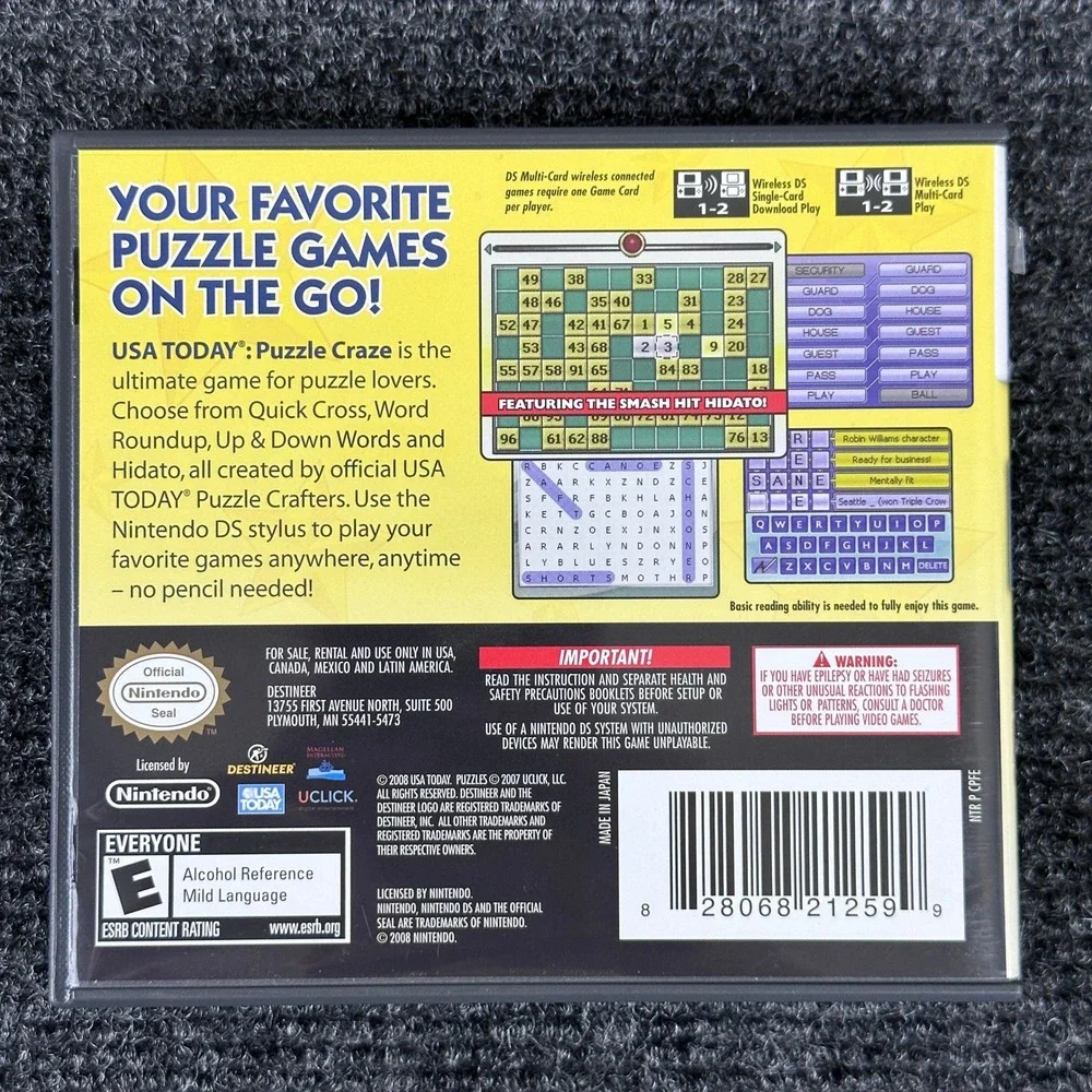 USA TODAY Puzzle Craze Nintendo DS Game Word Roundup Hidato Quick Cross‎ CIB